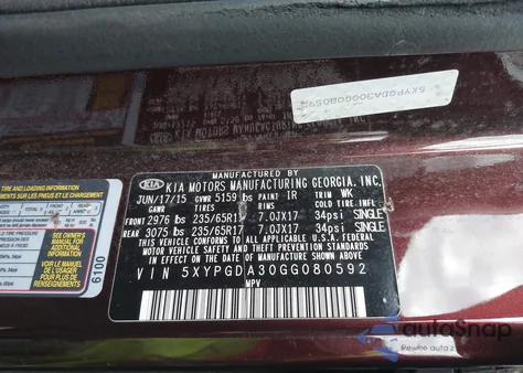 2016 Kia Sorento 2.4L Lx из США, поврежденный, VIN 5XYPGDA30GG080592